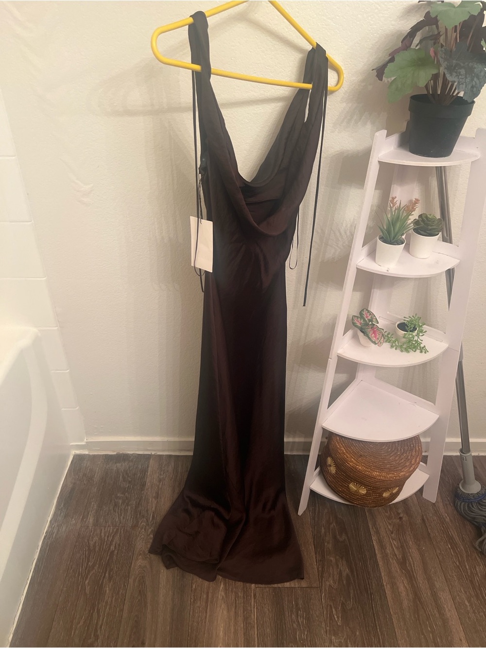 Zara Satin Cowl Neck Maxi Dress in Dark Brown